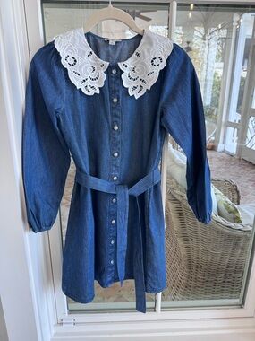 Crew cut Girls Blue Denim Dress with White Lace Collar